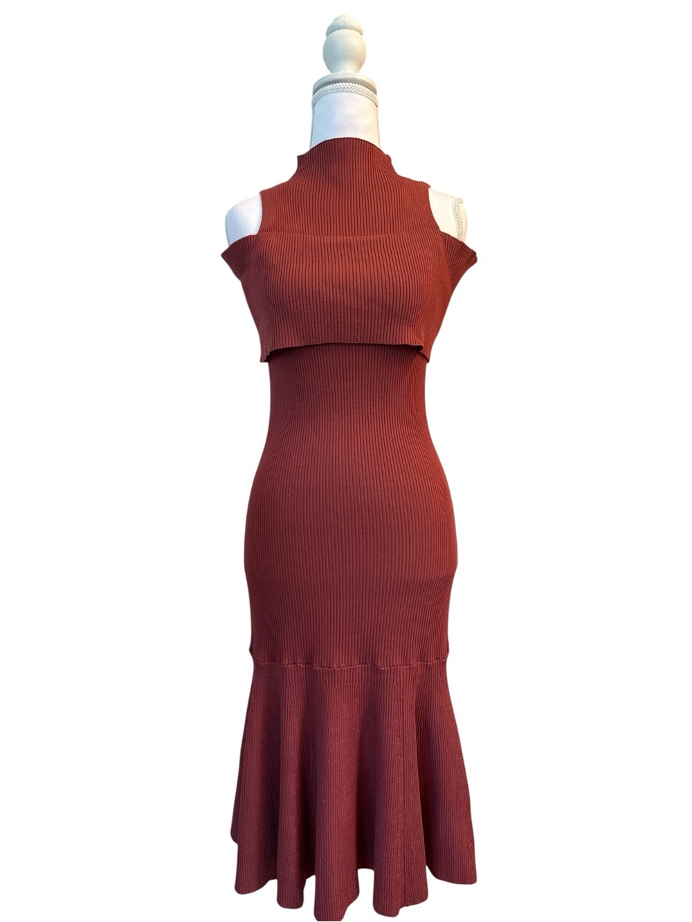 Jealous Tomato Rust Ribbed Cold-Shoulder Mermaid Midi Dress